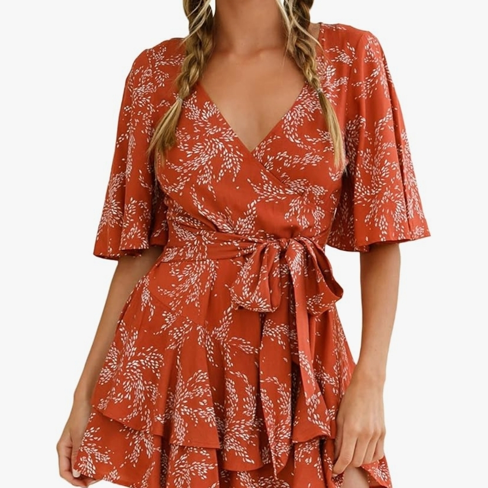 Women's Rust Floral Wrap Romper